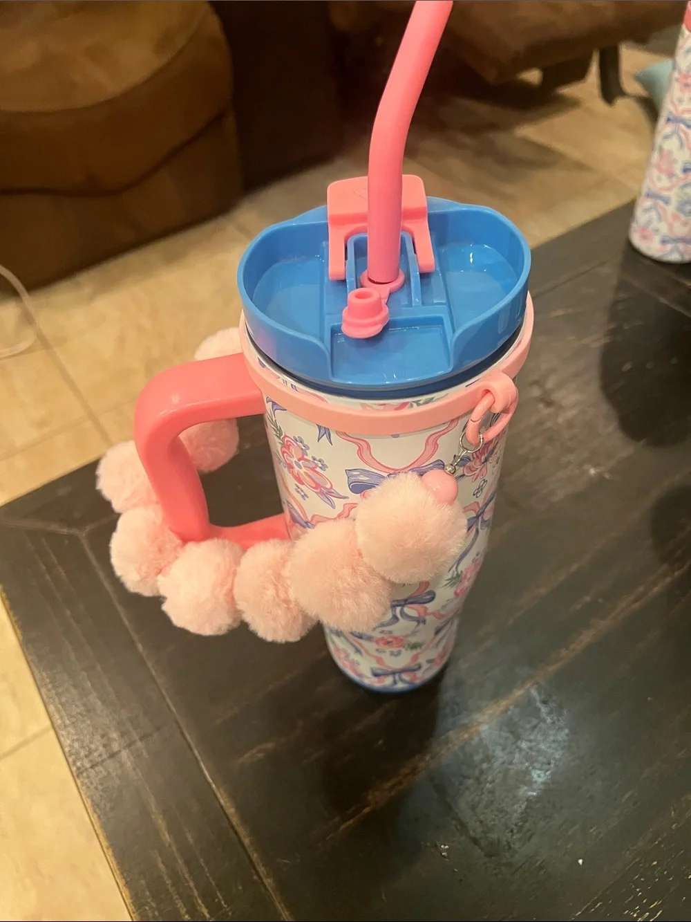 Simply Belle Pink & Blue Floral Insulated Tumbler with Pom Handle